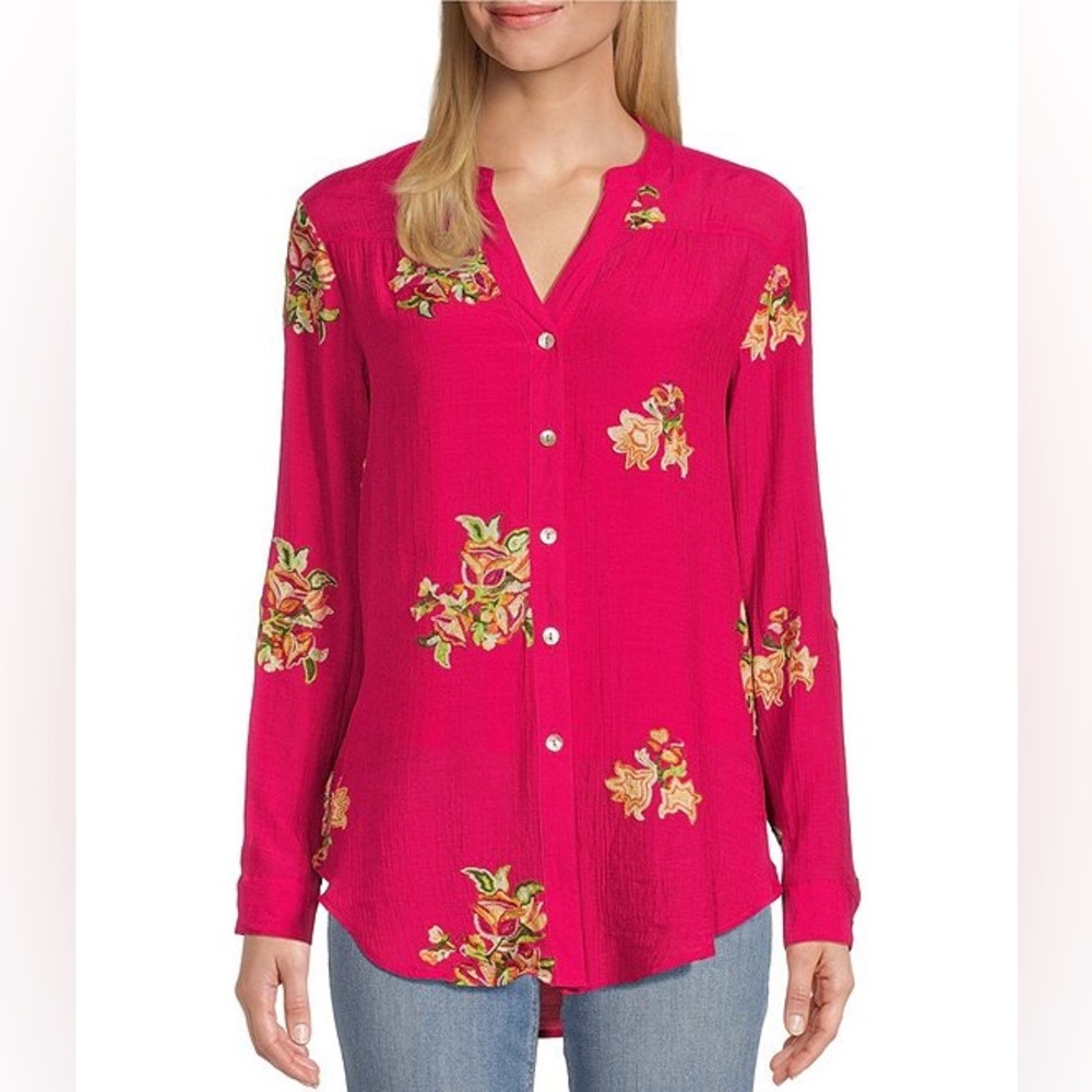Figueroa & Flower Womens Floral Embriodered Split V-Neck 2X Front Peasant Blouse